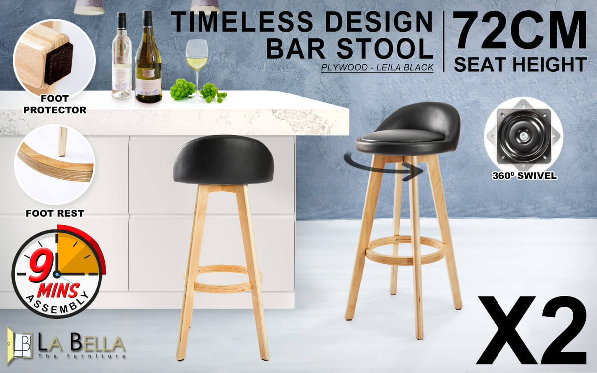 Arthouse | Mid-century Scandinavian Grey Beige Black PU Leather Fabric Wooden Bar Stools | Set Of 2 | Black