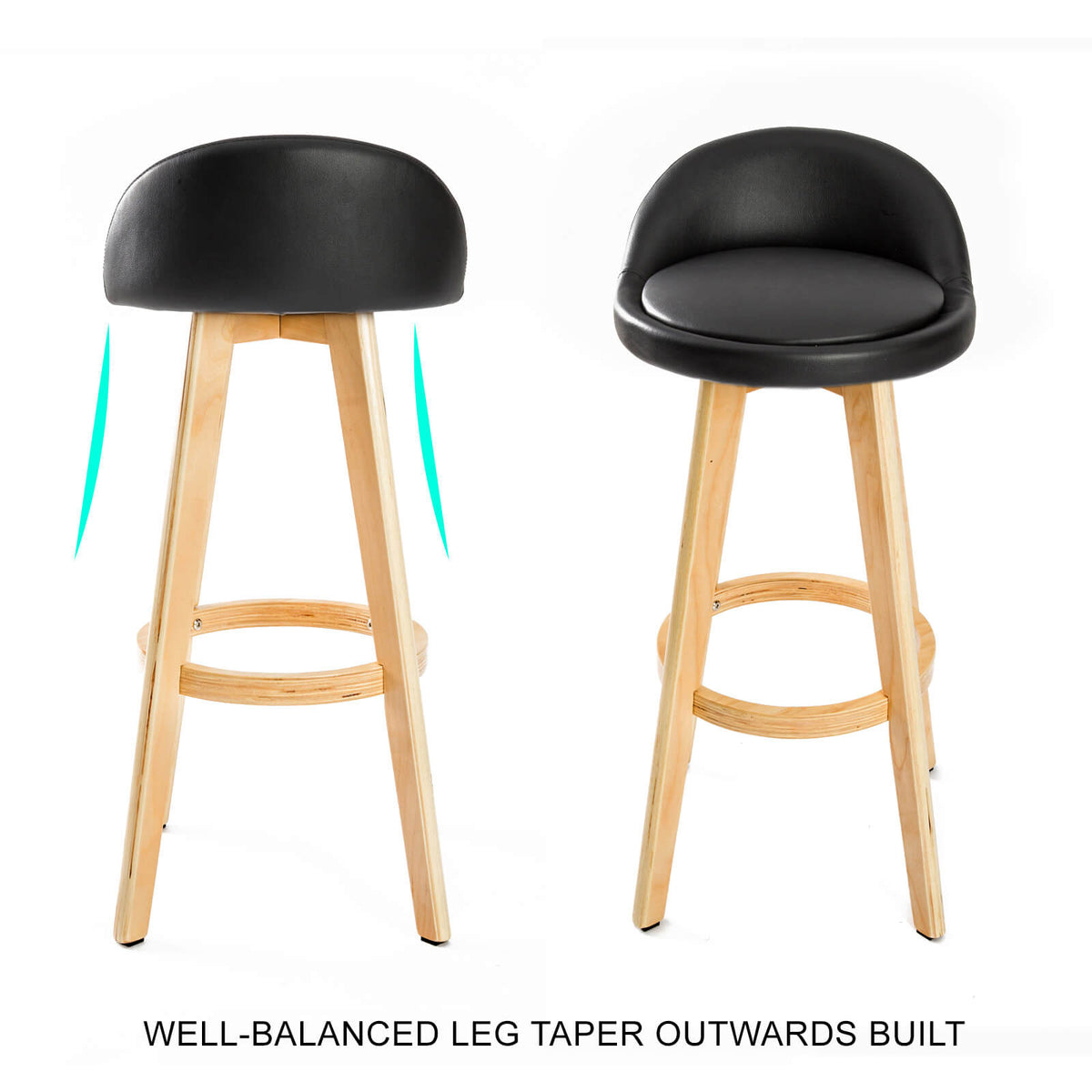 Arthouse | Mid-century Scandinavian Grey Beige Black PU Leather Fabric Wooden Bar Stools | Set Of 2 | Black