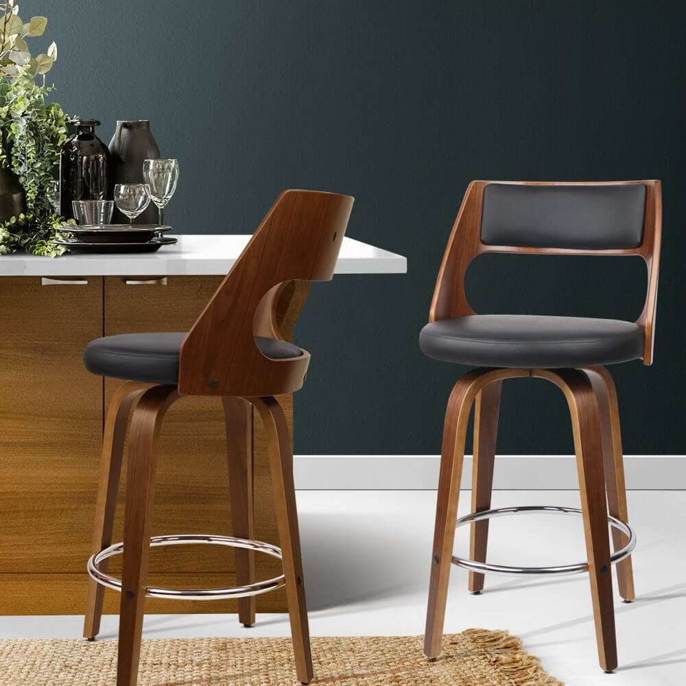 Ashbury | Modern Black PU Leather Wooden Bar Stools | Set Of 2 | Black