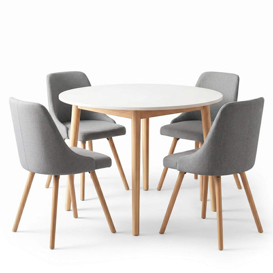 Aspire Cobberas | Grey Fabric Modern White Wooden 4 Seater Round Dining Table Set | Grey