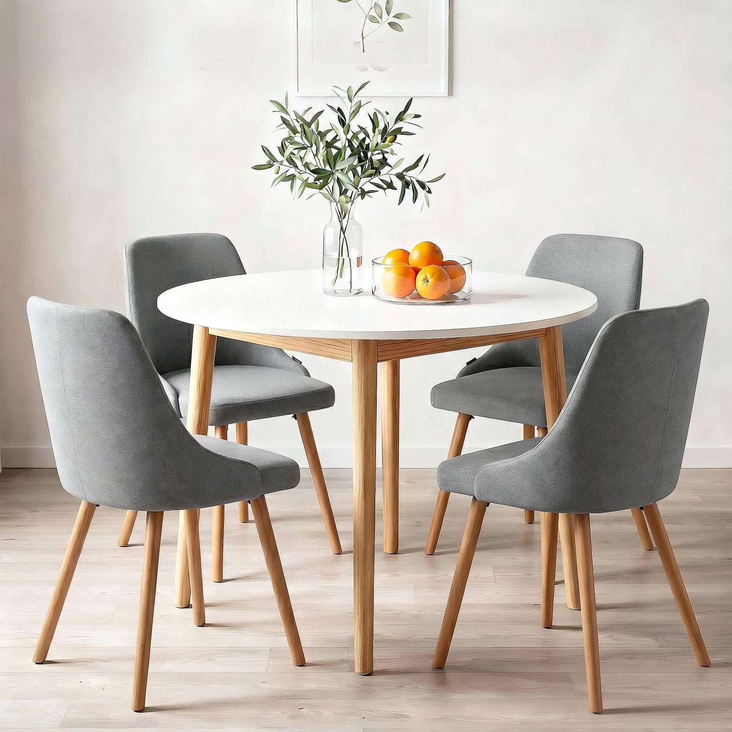 Aspire Cobberas | Grey Fabric Modern White Wooden 4 Seater Round Dining Table Set | Grey
