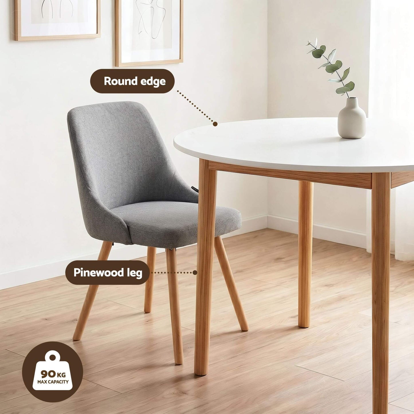 Aspire Cobberas | Grey Fabric Modern White Wooden 4 Seater Round Dining Table Set | Grey