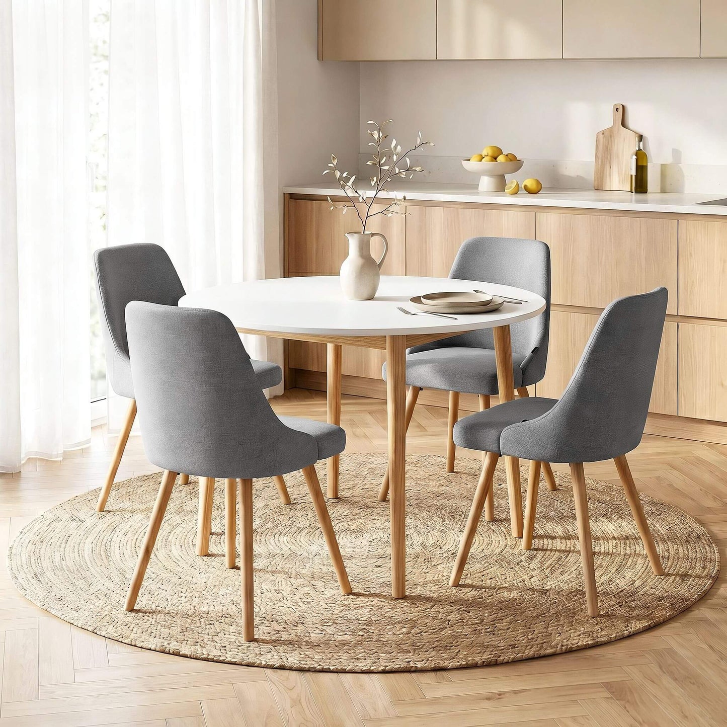 Aspire Cobberas | Grey Fabric Modern White Wooden 4 Seater Round Dining Table Set | Grey