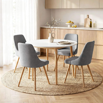 Aspire Cobberas | Grey Fabric Modern White Wooden 4 Seater Round Dining Table Set | Grey