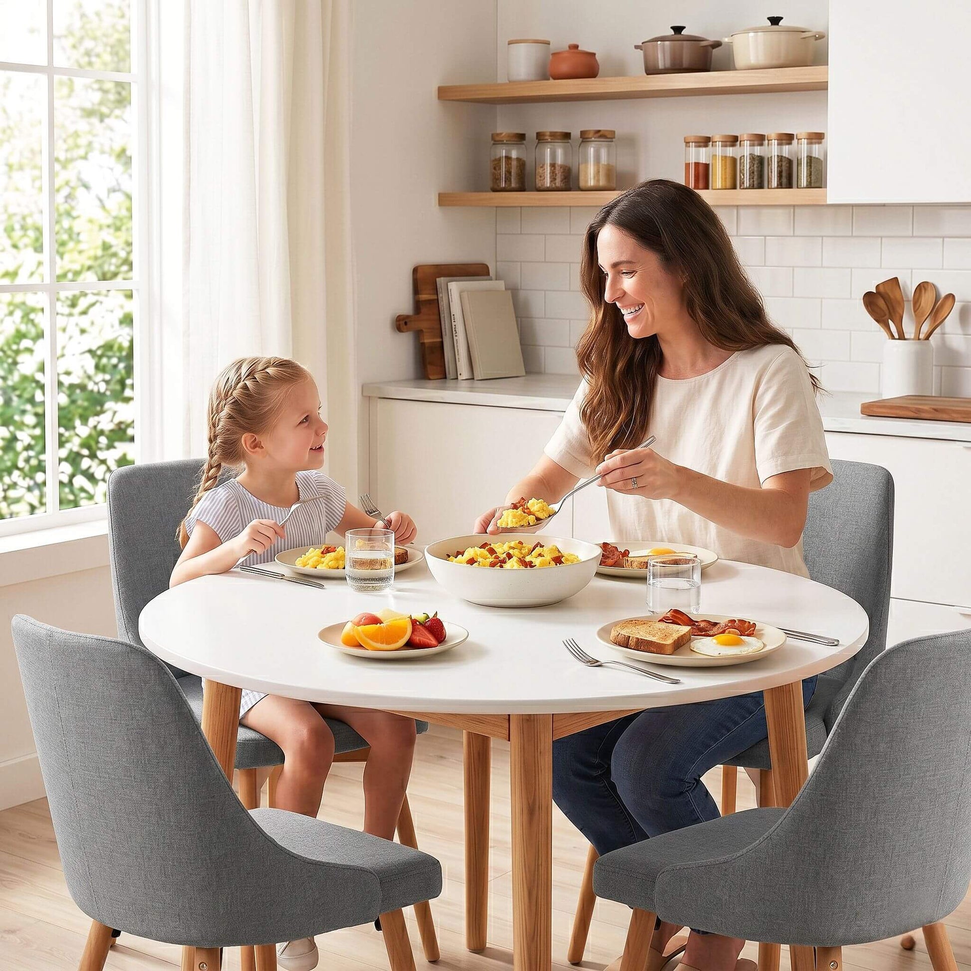 Aspire Cobberas | Grey Fabric Modern White Wooden 4 Seater Round Dining Table Set | Grey