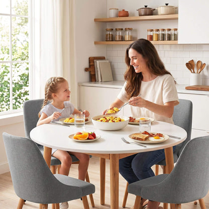 Aspire Cobberas | Grey Fabric Modern White Wooden 4 Seater Round Dining Table Set | Grey