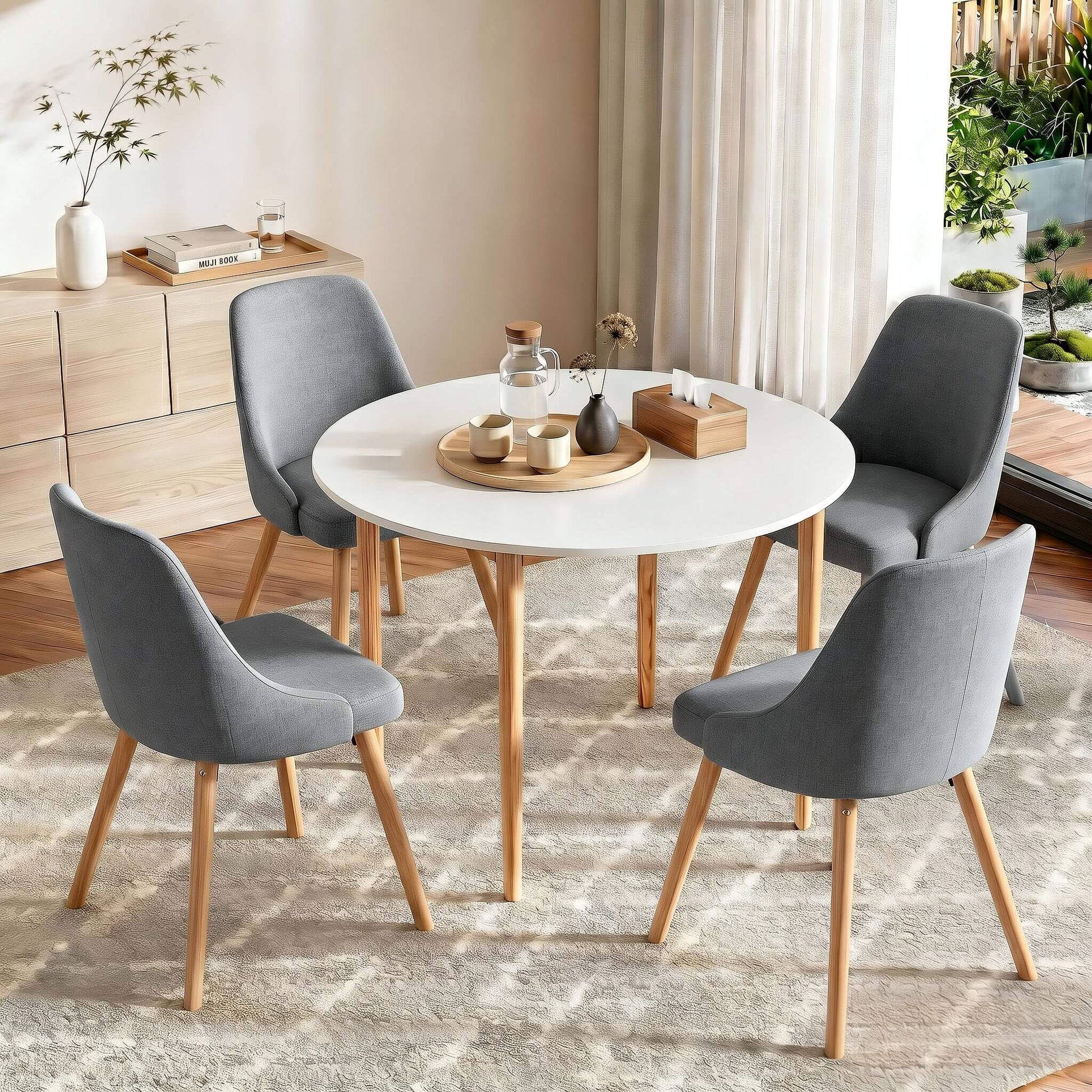 Aspire Cobberas | Grey Fabric Modern White Wooden 4 Seater Round Dining Table Set | Grey