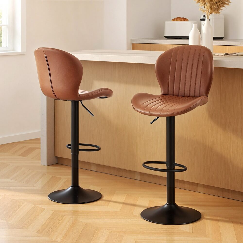 Aspley | Modern Metal Adjustable Black Brown PU Leather Bar Stools | Set Of 2 | Brown
