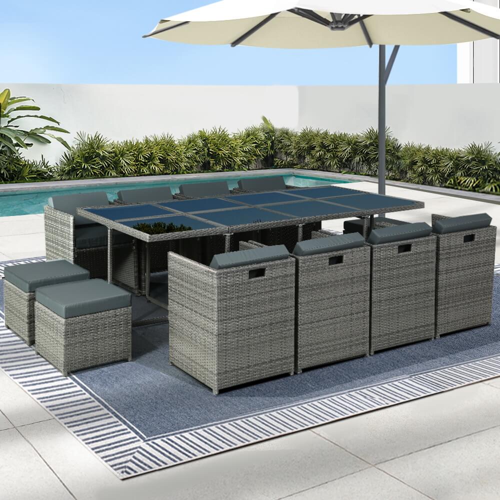 Auburn | Coastal 12 Seater Grey PE Wicker Outside Dining Table Set | Grey