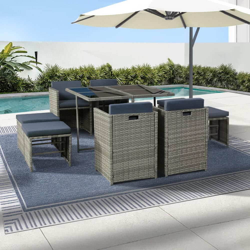 Auburn | Coastal 8 Seater Grey PE Wicker Outside Dining Table Set | Grey