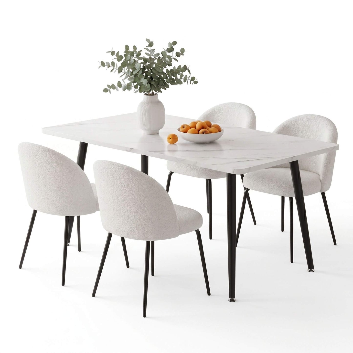 Ballina Valerian | Modern Sherpa fabric Marble Finish Rectangular 4 Seater Dining Table Set | White