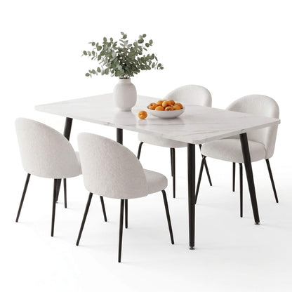 Ballina Valerian | Modern Sherpa fabric Marble Finish Rectangular 4 Seater Dining Table Set | White