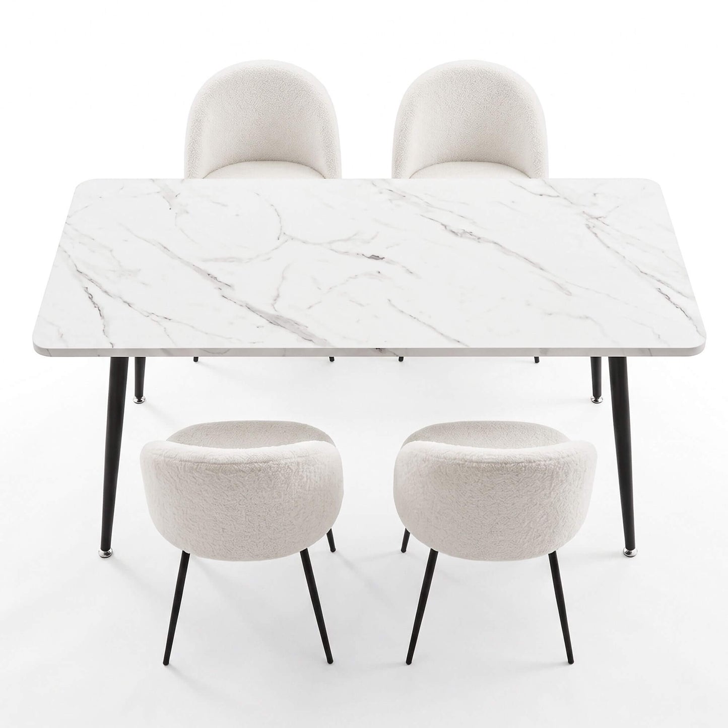 Ballina Valerian | Modern Sherpa fabric Marble Finish Rectangular 4 Seater Dining Table Set | White