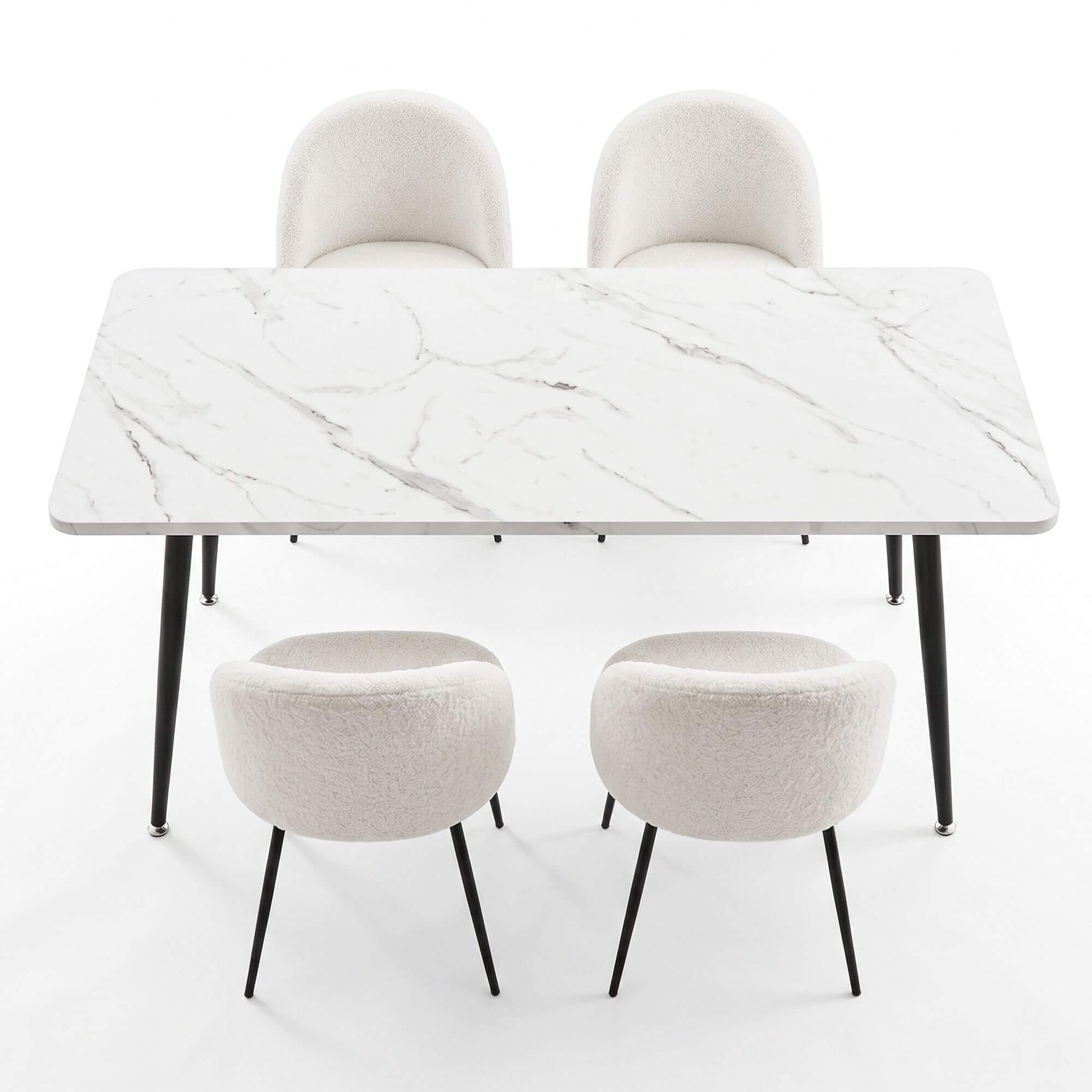 Ballina Valerian | Modern Sherpa fabric Marble Finish Rectangular 4 Seater Dining Table Set | White