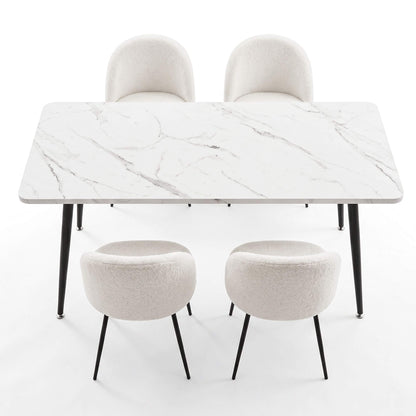 Ballina Valerian | Modern Sherpa fabric Marble Finish Rectangular 4 Seater Dining Table Set | White