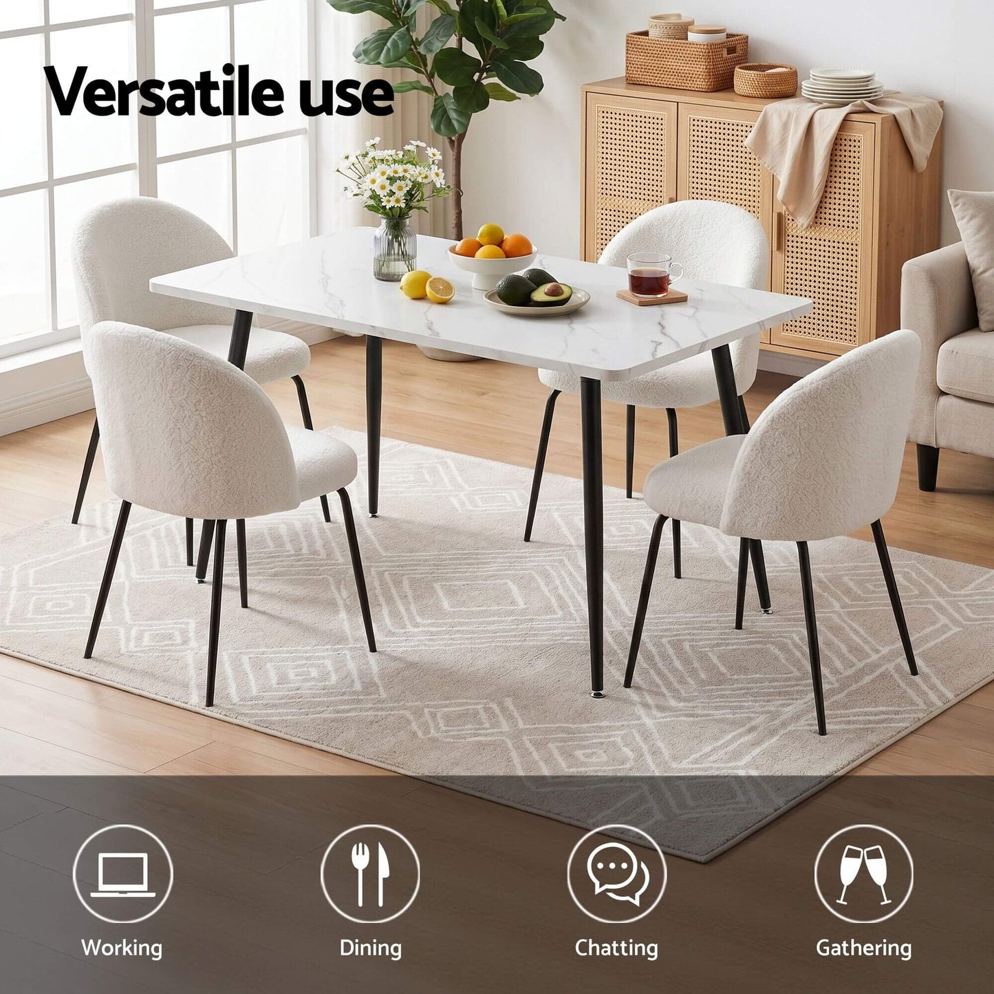 Ballina Valerian | Modern Sherpa fabric Marble Finish Rectangular 4 Seater Dining Table Set | White