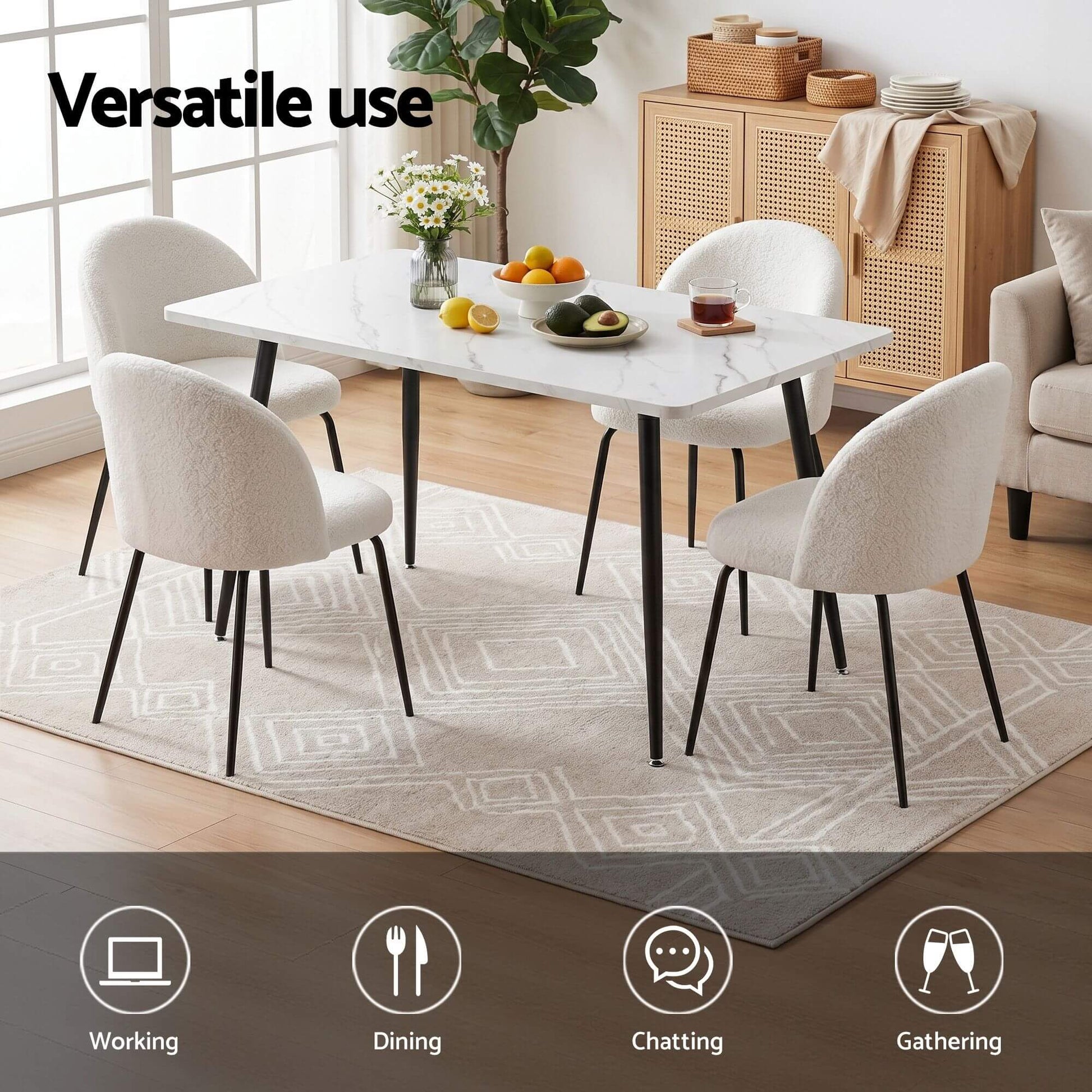 Ballina Valerian | Modern Sherpa fabric Marble Finish Rectangular 4 Seater Dining Table Set | White