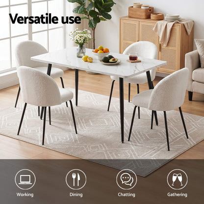 Ballina Valerian | Modern Sherpa fabric Marble Finish Rectangular 4 Seater Dining Table Set | White