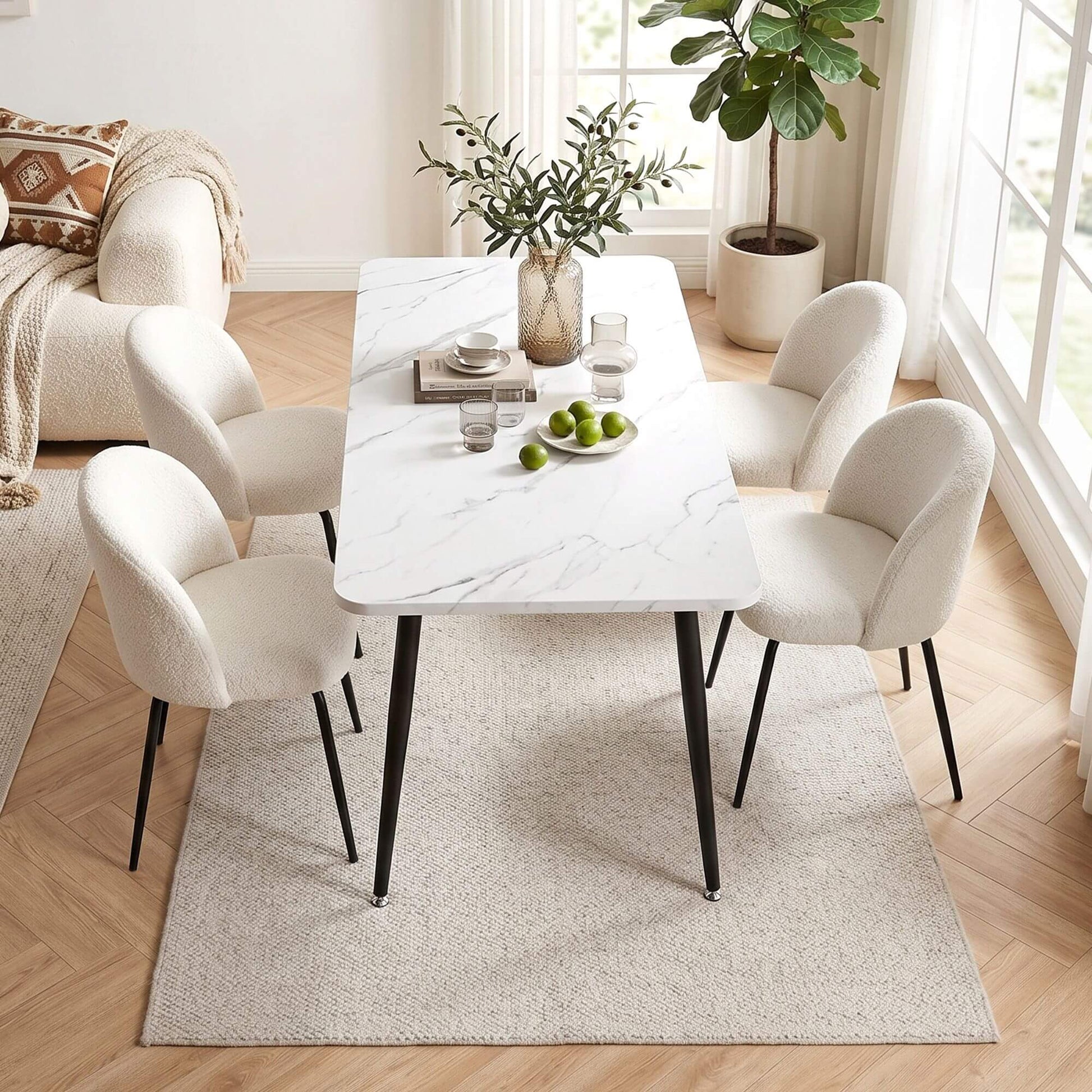 Ballina Valerian | Modern Sherpa fabric Marble Finish Rectangular 4 Seater Dining Table Set | White