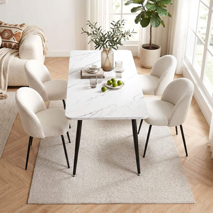 Ballina Valerian | Modern Sherpa fabric Marble Finish Rectangular 4 Seater Dining Table Set | White