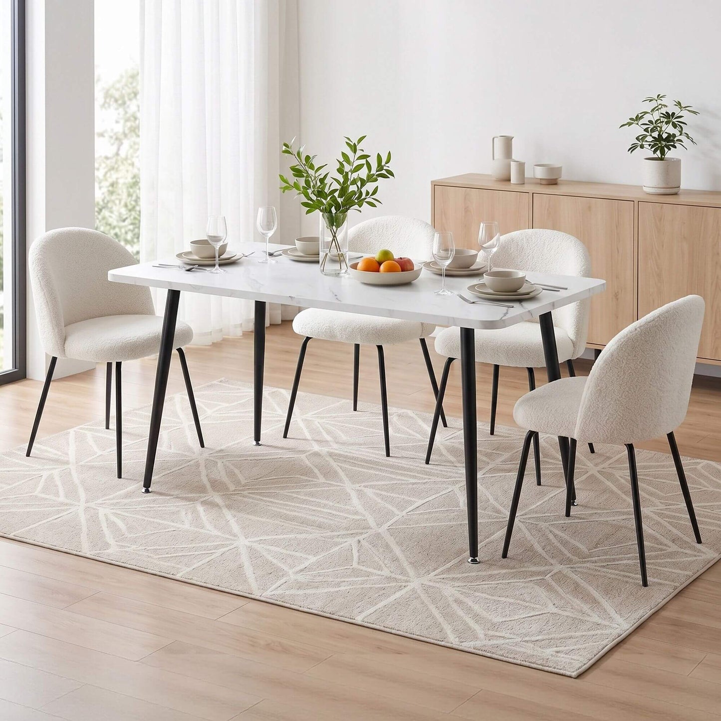 Ballina Valerian | Modern Sherpa fabric Marble Finish Rectangular 4 Seater Dining Table Set | White
