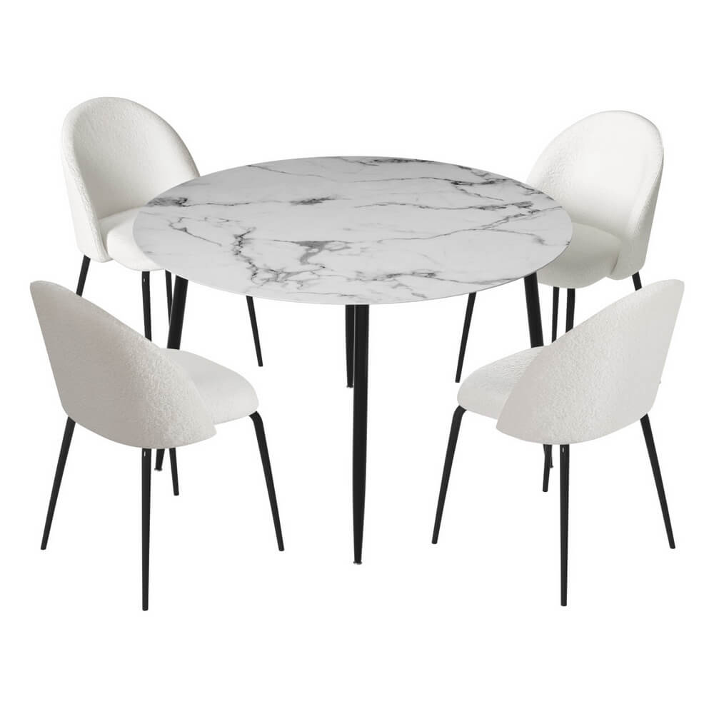 Ballina Waldorf | Modern White Boucle Marble Finish 4 Seater Dining Table Set | White