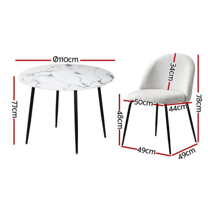 Ballina Waldorf | Modern White Boucle Marble Finish 4 Seater Dining Table Set | White