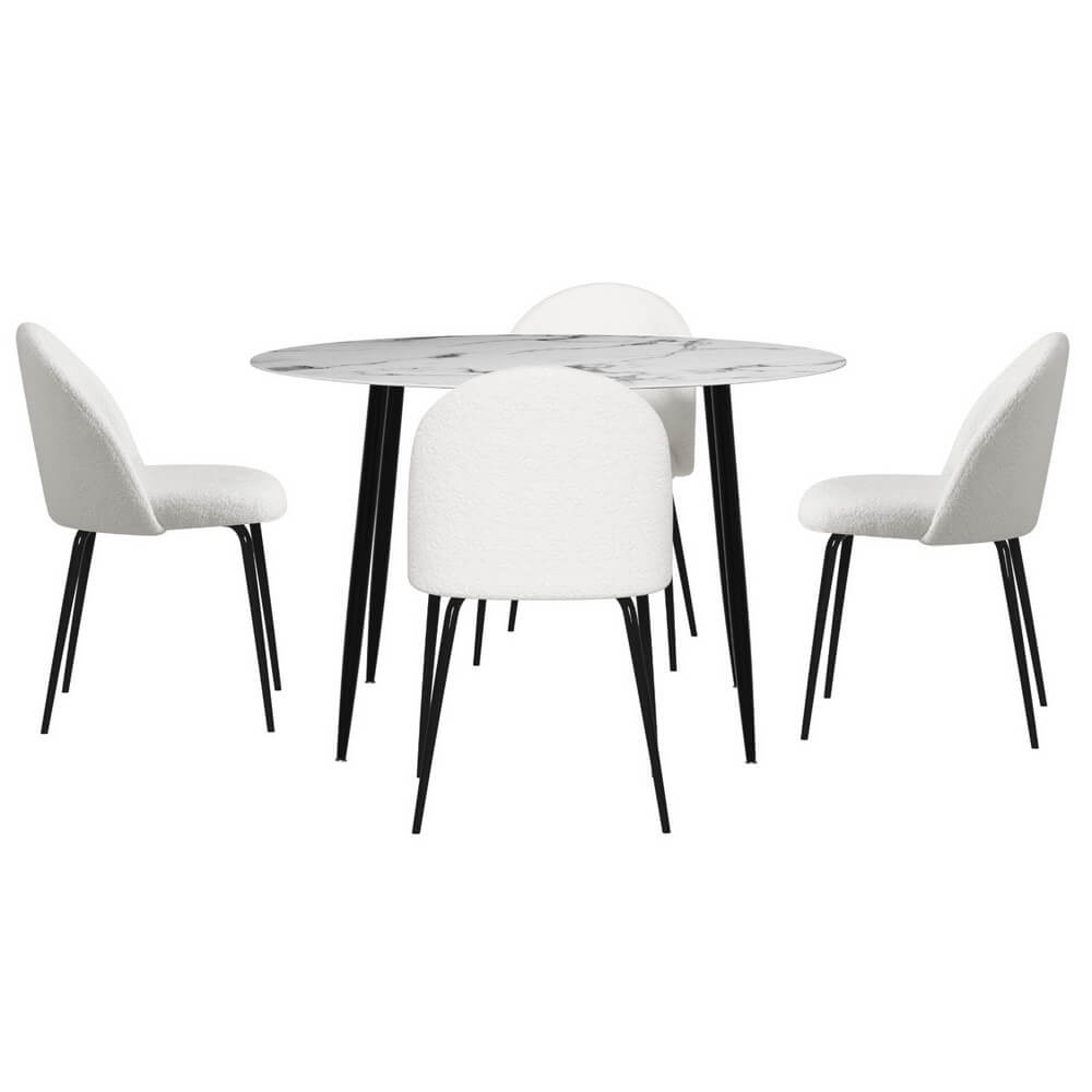Ballina Waldorf | Modern White Boucle Marble Finish 4 Seater Dining Table Set | White