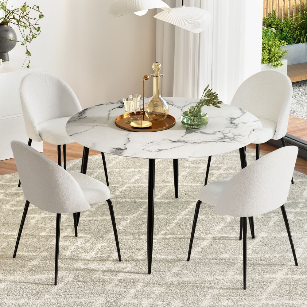 Ballina Waldorf | Modern White Boucle Marble Finish 4 Seater Dining Table Set | White