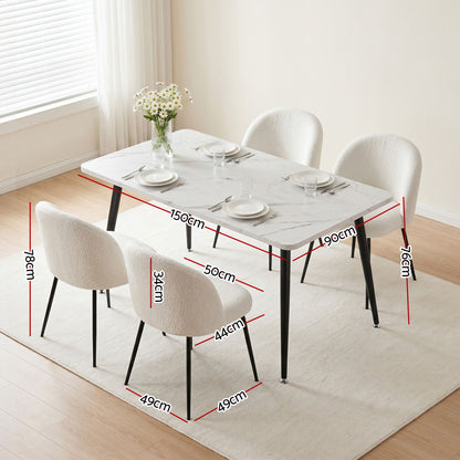 Ballina Valerian | Modern Sherpa fabric Marble Finish Rectangular 4 Seater Dining Table Set | White