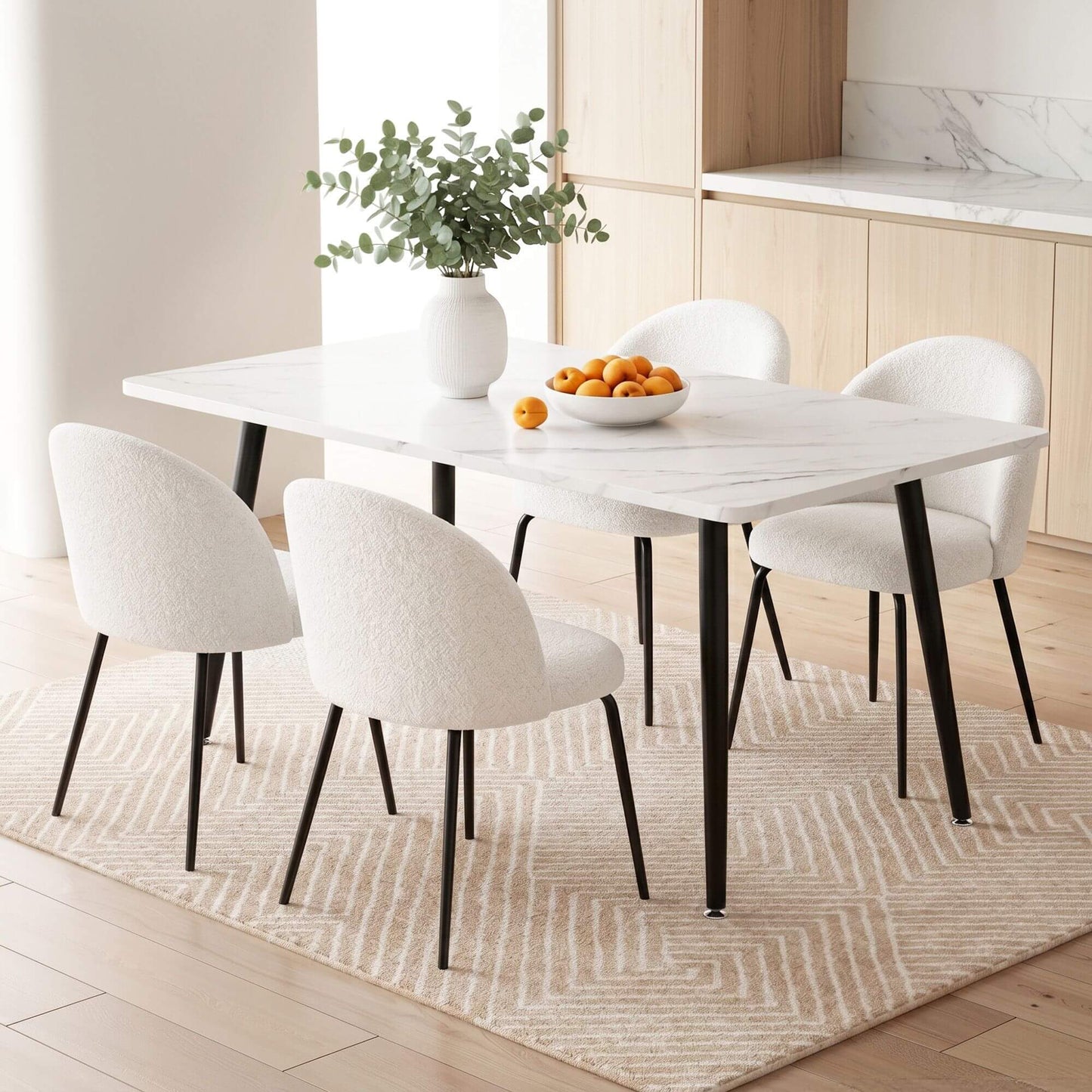 Ballina Valerian | Modern Sherpa fabric Marble Finish Rectangular 4 Seater Dining Table Set | White