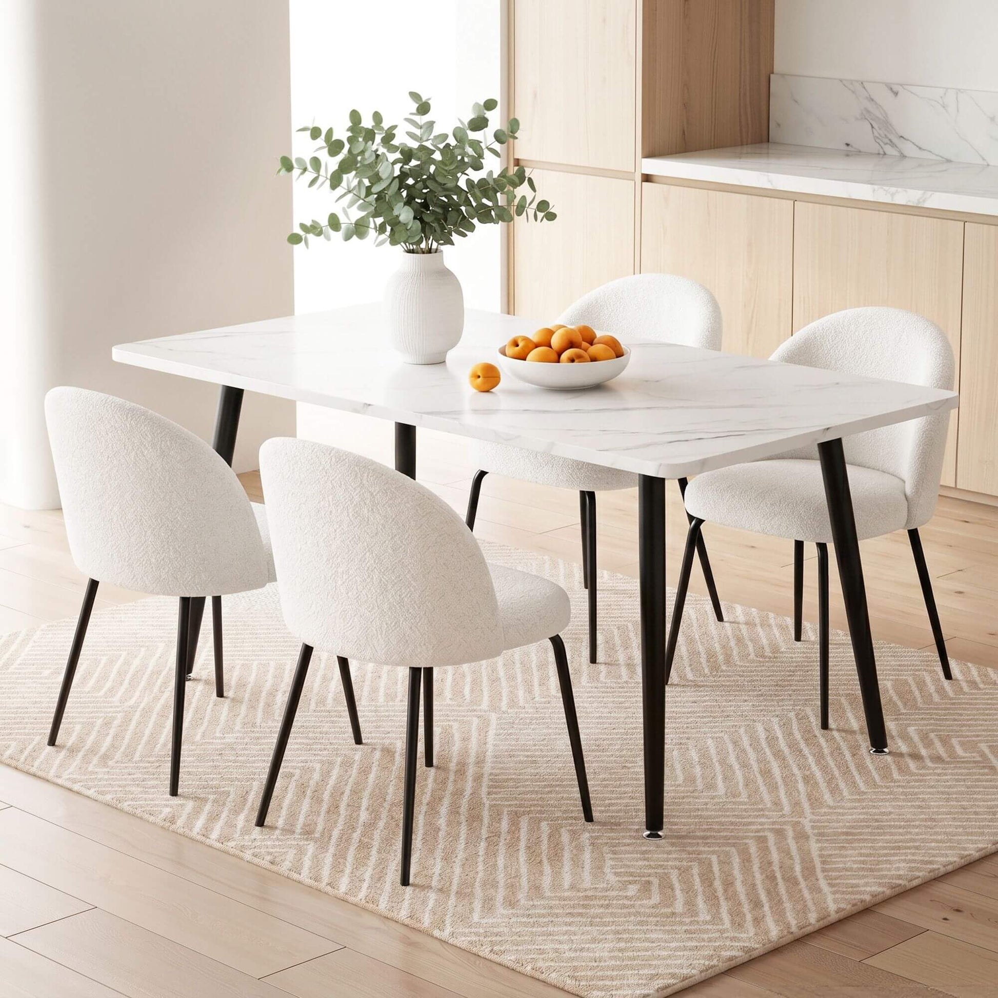 Ballina Valerian | Modern Sherpa fabric Marble Finish Rectangular 4 Seater Dining Table Set | White