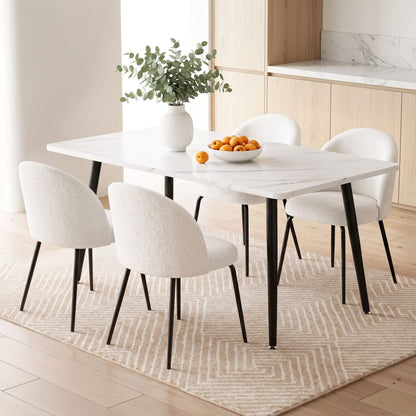 Ballina Valerian | Modern Sherpa fabric Marble Finish Rectangular 4 Seater Dining Table Set | White