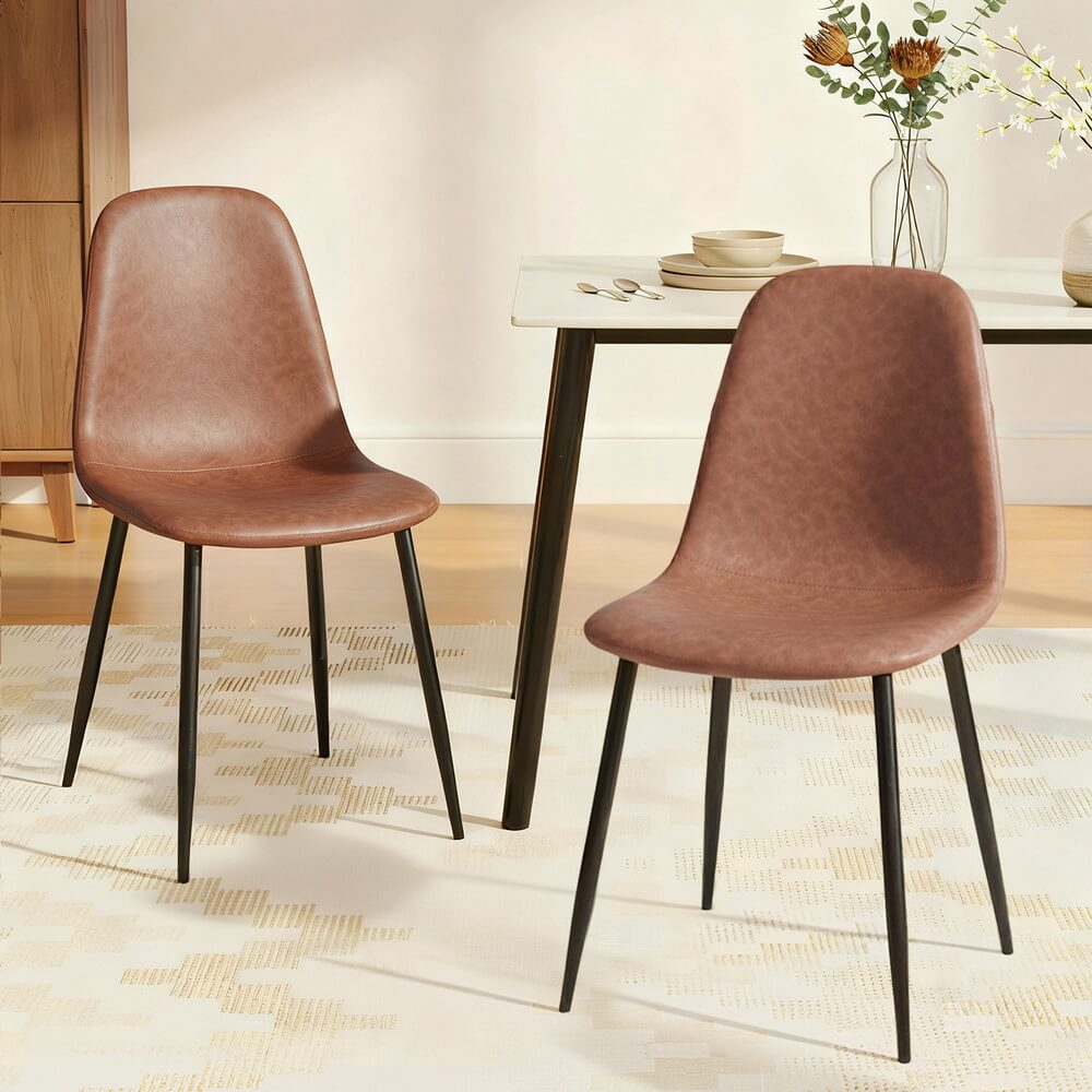 Baron | Modern Metal Black Brown PU Leather Dining Chairs | Set Of 2 | Brown