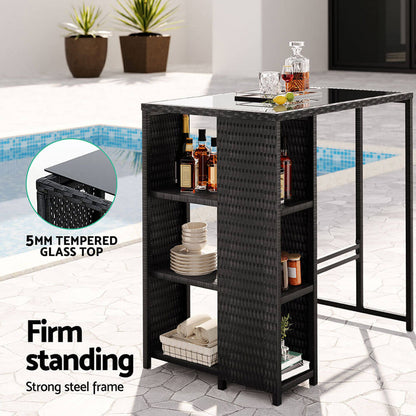 Baroosa | Black Metal Glass Outdoor Wicker Bar Stool Table