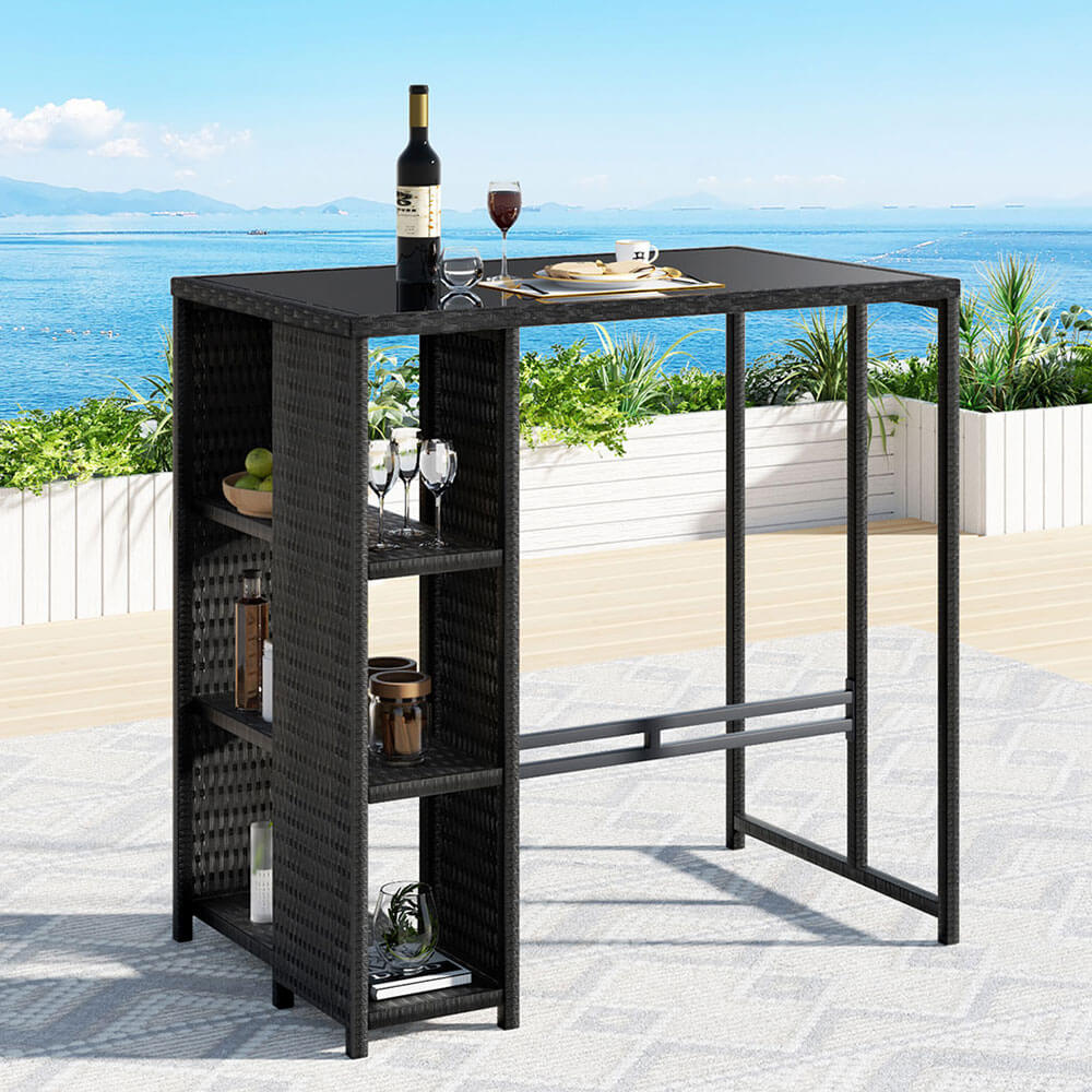Baroosa | Black Metal Glass Outdoor Wicker Bar Stool Table