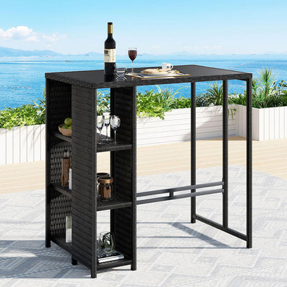 Baroosa | Black Metal Glass Outdoor Wicker Bar Stool Table