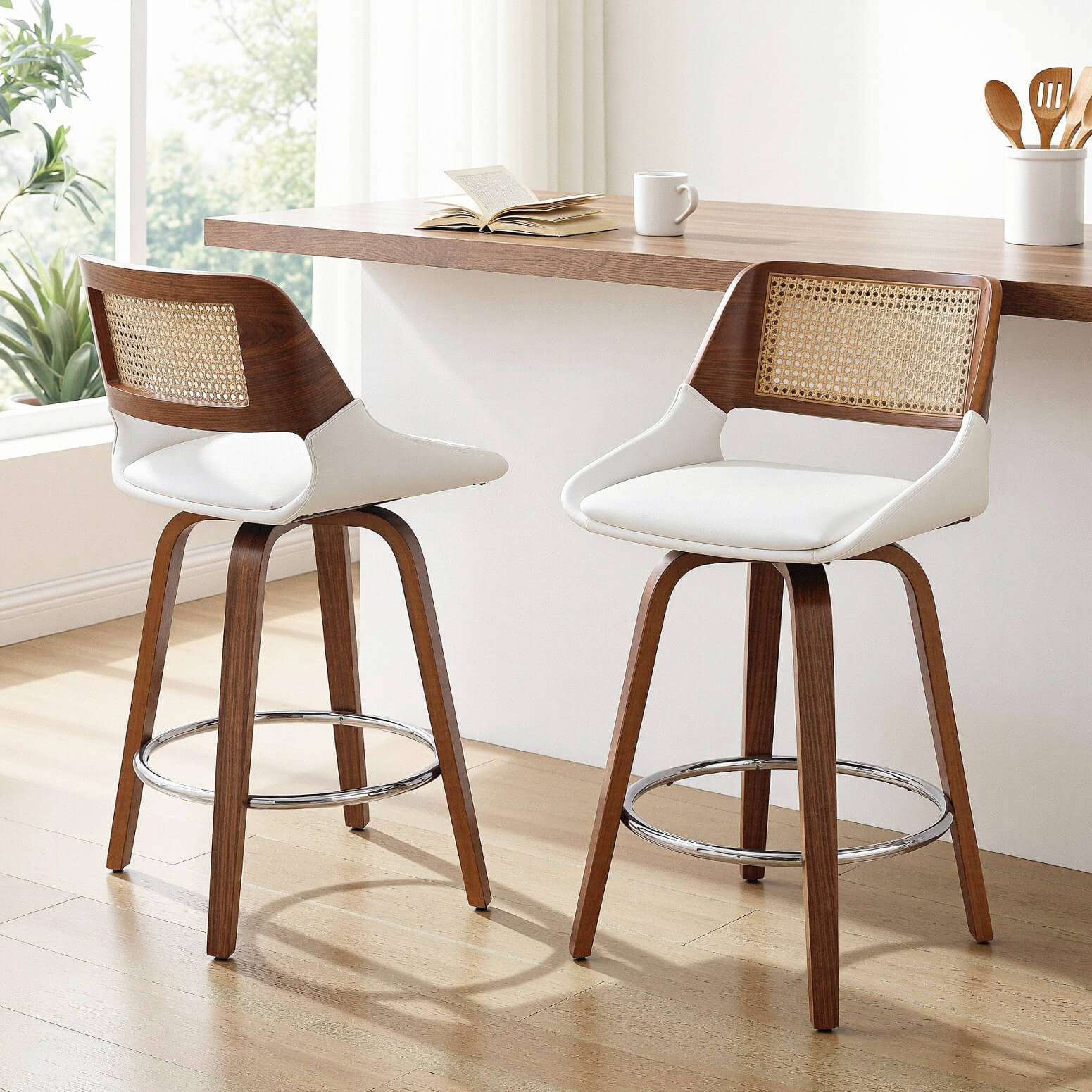 Bartlett | Modern PU Leather Rattan Swivel White Bar Stools With Arms | Set Of 2 | White