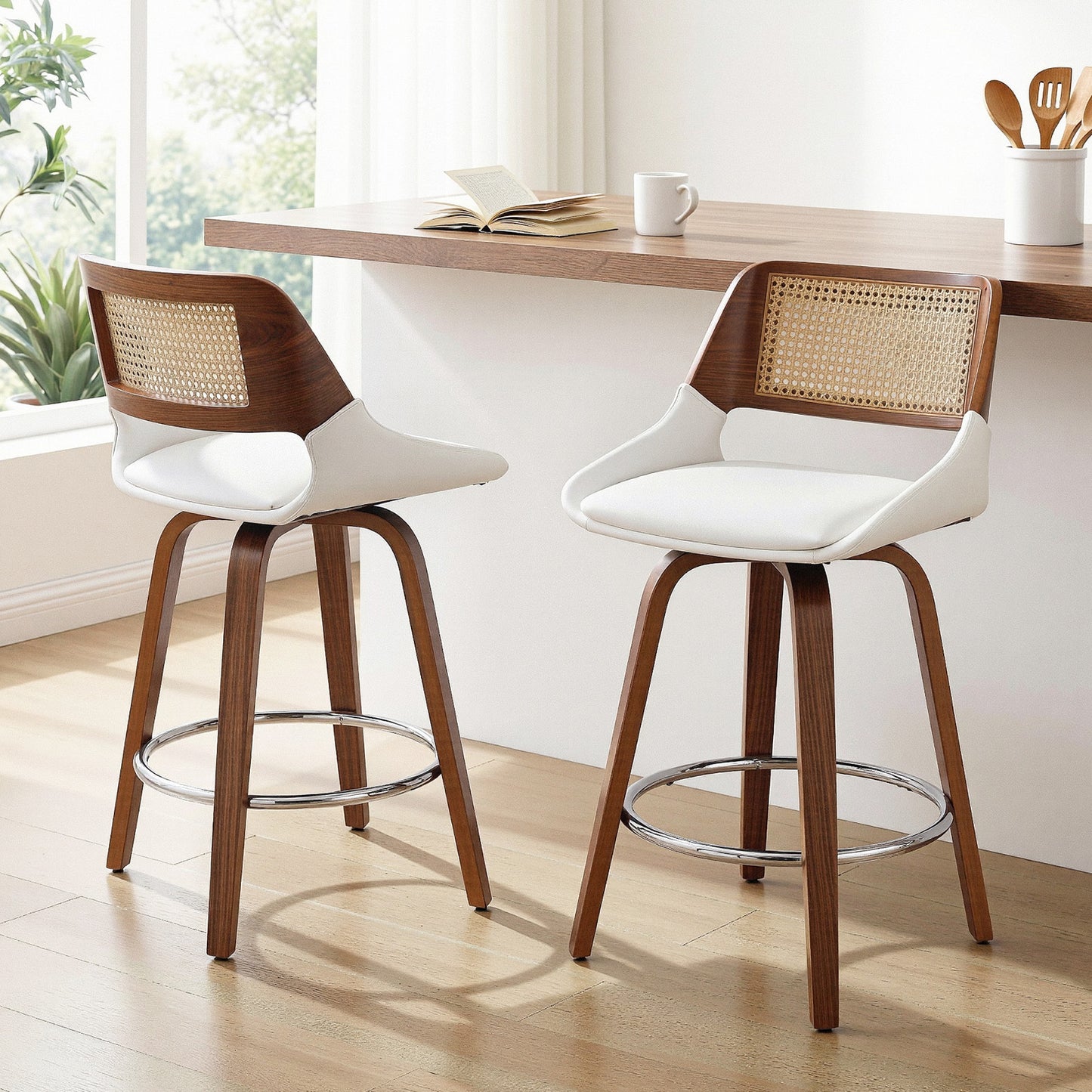 Bartlett | Modern PU Leather Rattan Swivel White Bar Stools With Arms | Set Of 2 | White