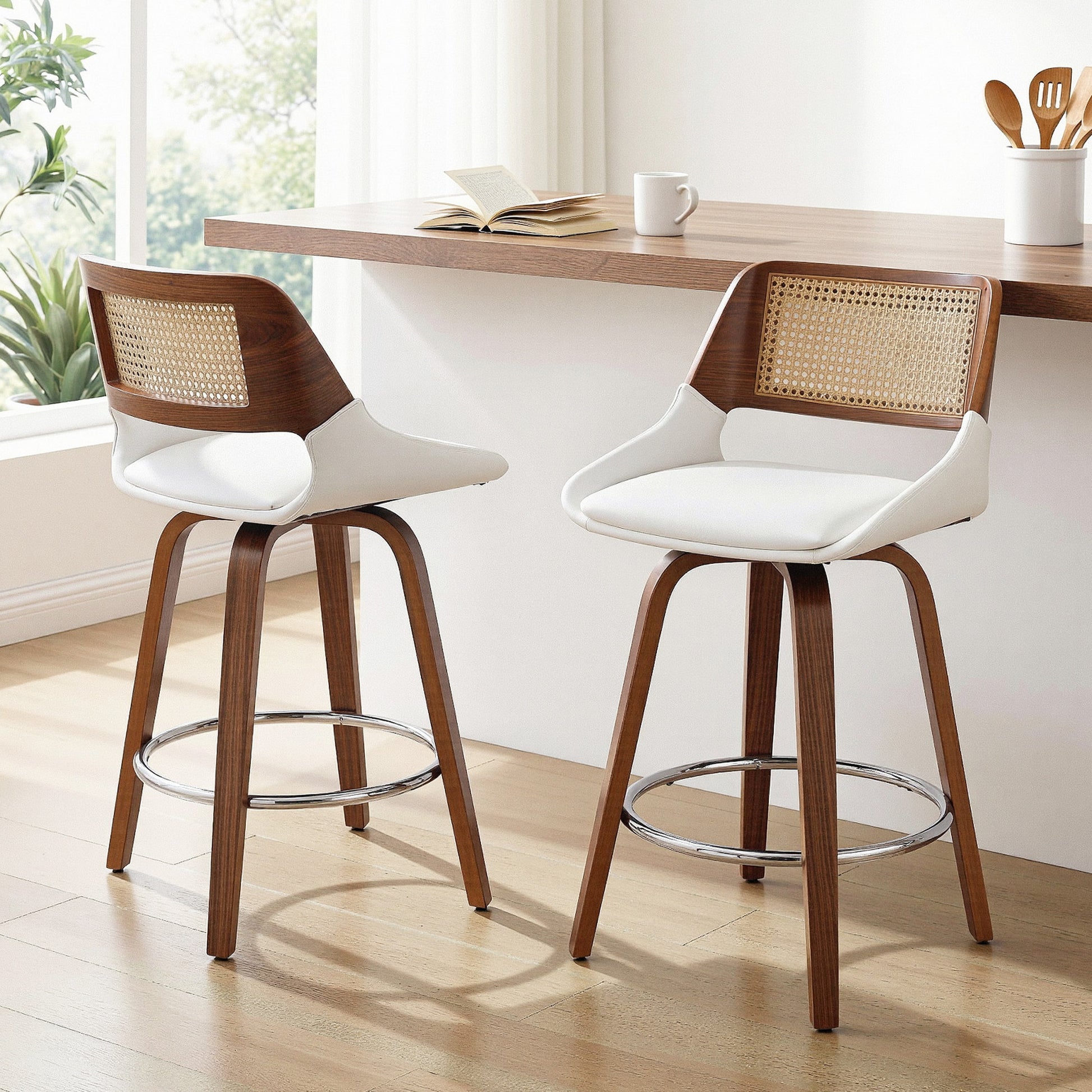 Bartlett | Modern PU Leather Rattan Swivel White Bar Stools With Arms | Set Of 2 | White