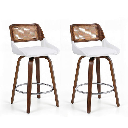 Bartlett | Modern PU Leather Rattan Swivel White Bar Stools With Arms | Set Of 2 | White