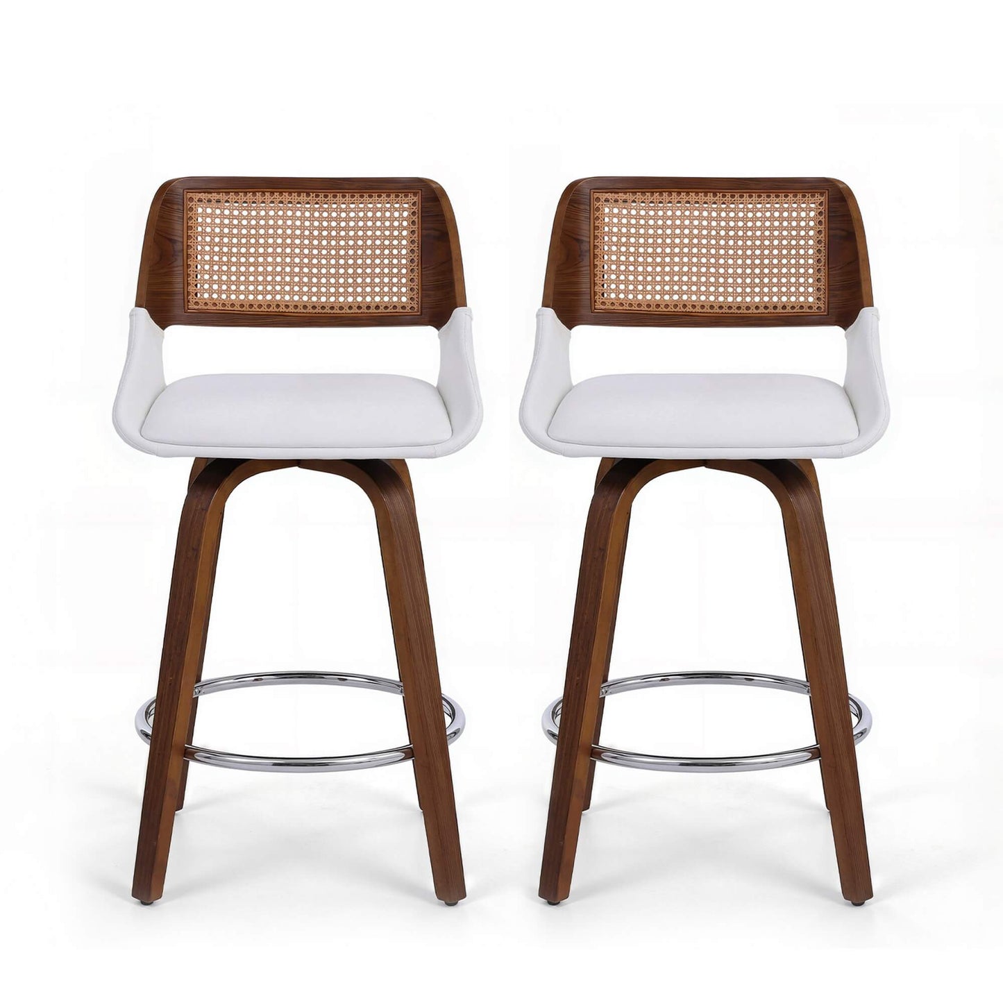 Bartlett | Modern PU Leather Rattan Swivel White Bar Stools With Arms | Set Of 2 | White