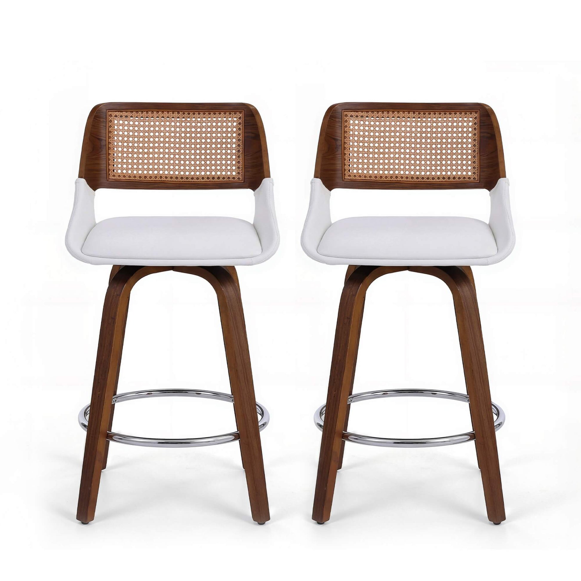 Bartlett | Modern PU Leather Rattan Swivel White Bar Stools With Arms | Set Of 2 | White
