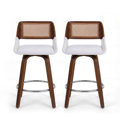Bartlett | Modern PU Leather Rattan Swivel White Bar Stools With Arms | Set Of 2 | White
