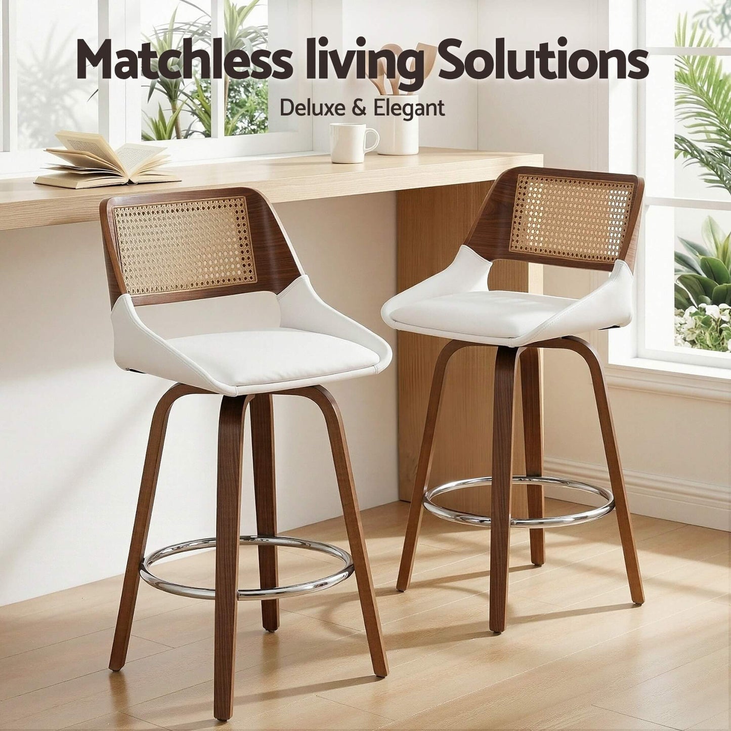 Bartlett | Modern PU Leather Rattan Swivel White Bar Stools With Arms | Set Of 2 | White