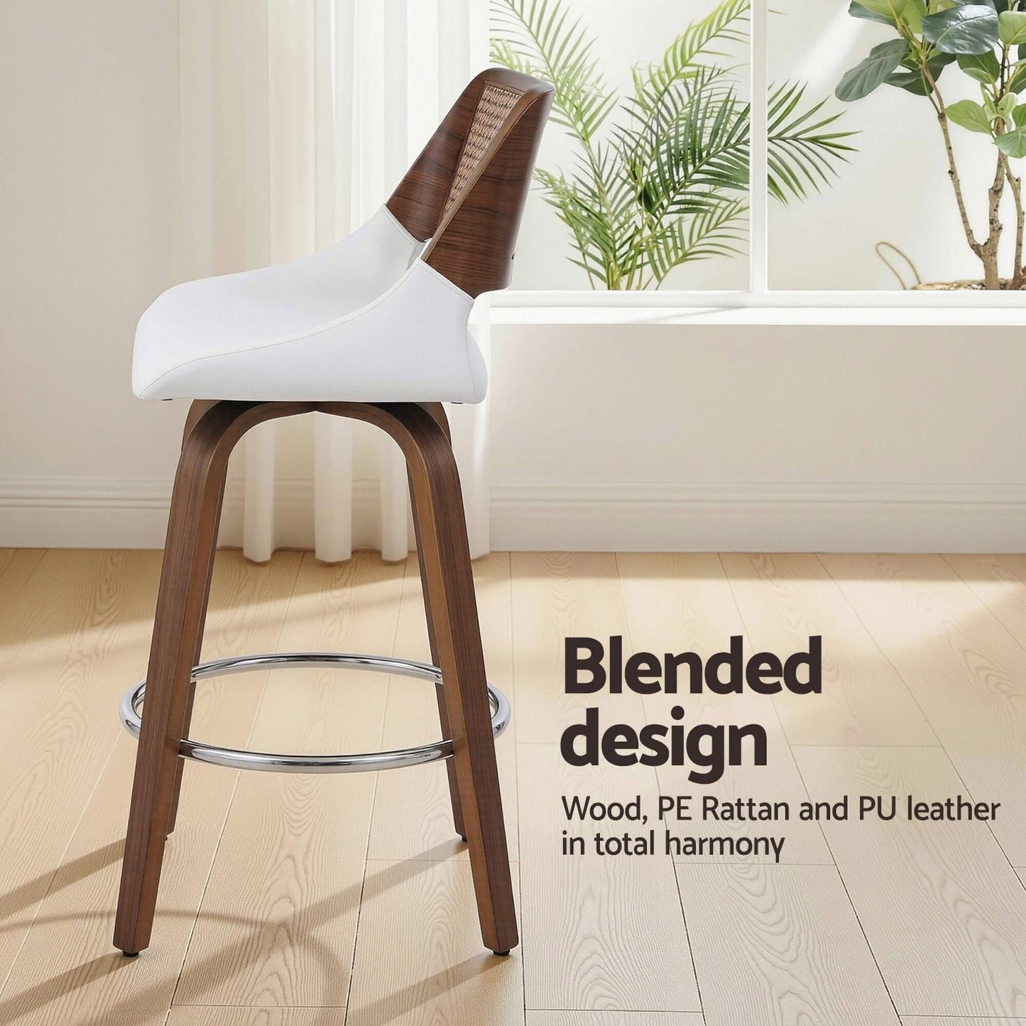 Bartlett | Modern PU Leather Rattan Swivel White Bar Stools With Arms | Set Of 2 | White