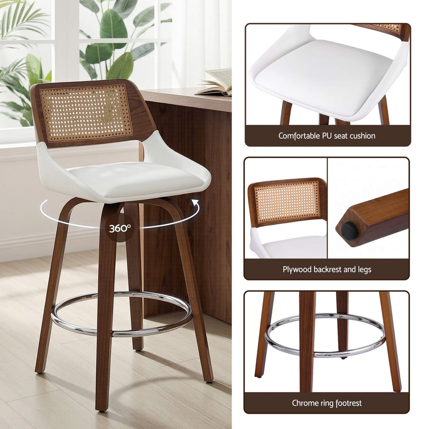 Bartlett | Modern PU Leather Rattan Swivel White Bar Stools With Arms | Set Of 2 | White