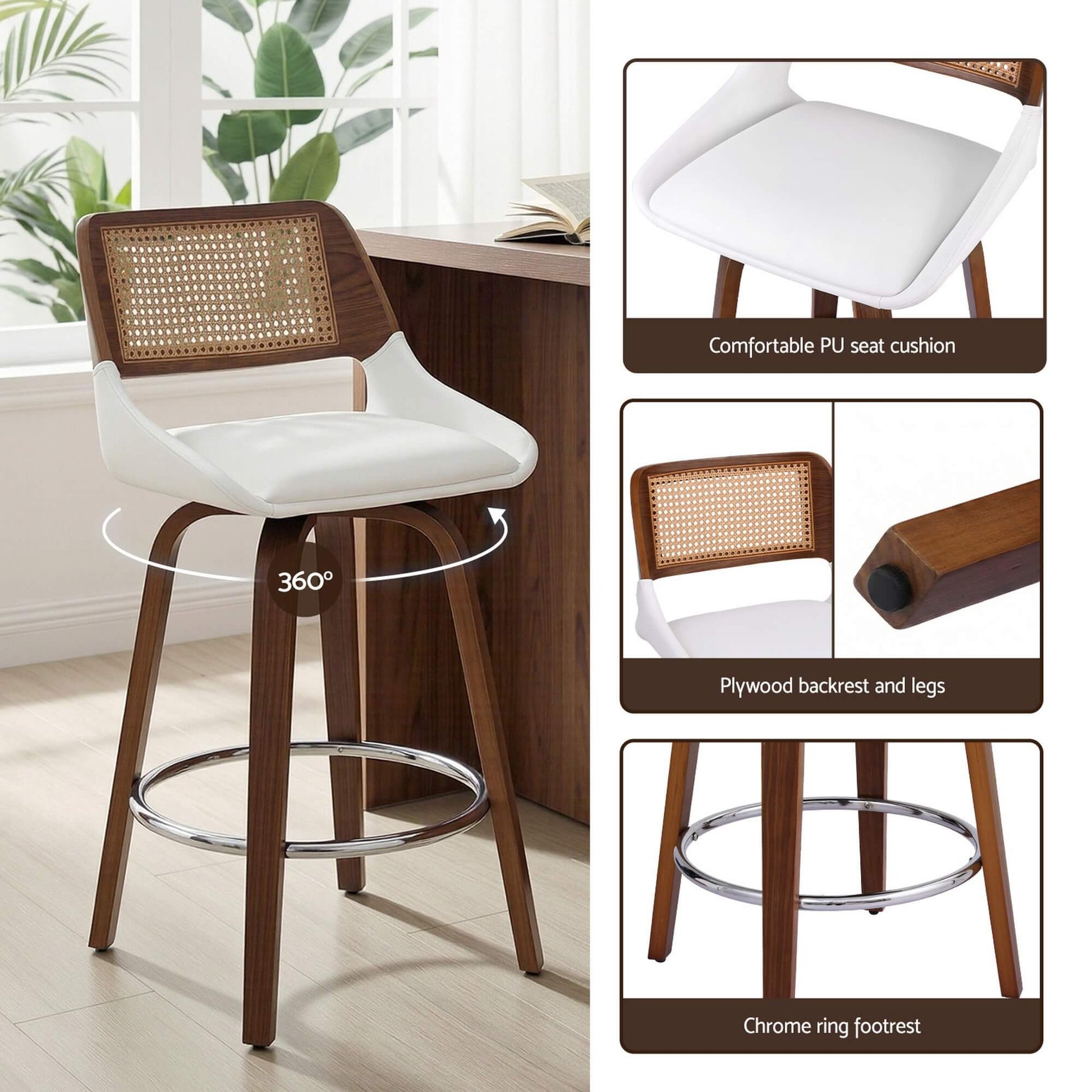 Bartlett | Modern PU Leather Rattan Swivel White Bar Stools With Arms | Set Of 2 | White