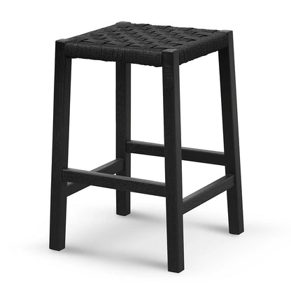 Baybreeze | Backless Coastal Black Walnut Natural Wooden Rattan Bar Stool | Black