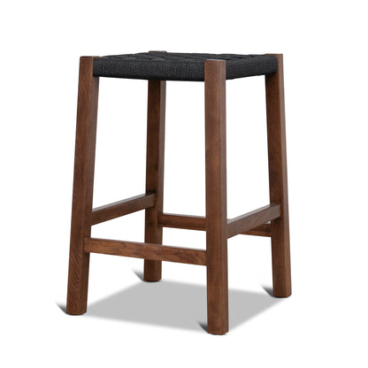 Baybreeze | Backless Coastal Black Walnut Natural Wooden Rattan Bar Stool | Walnut